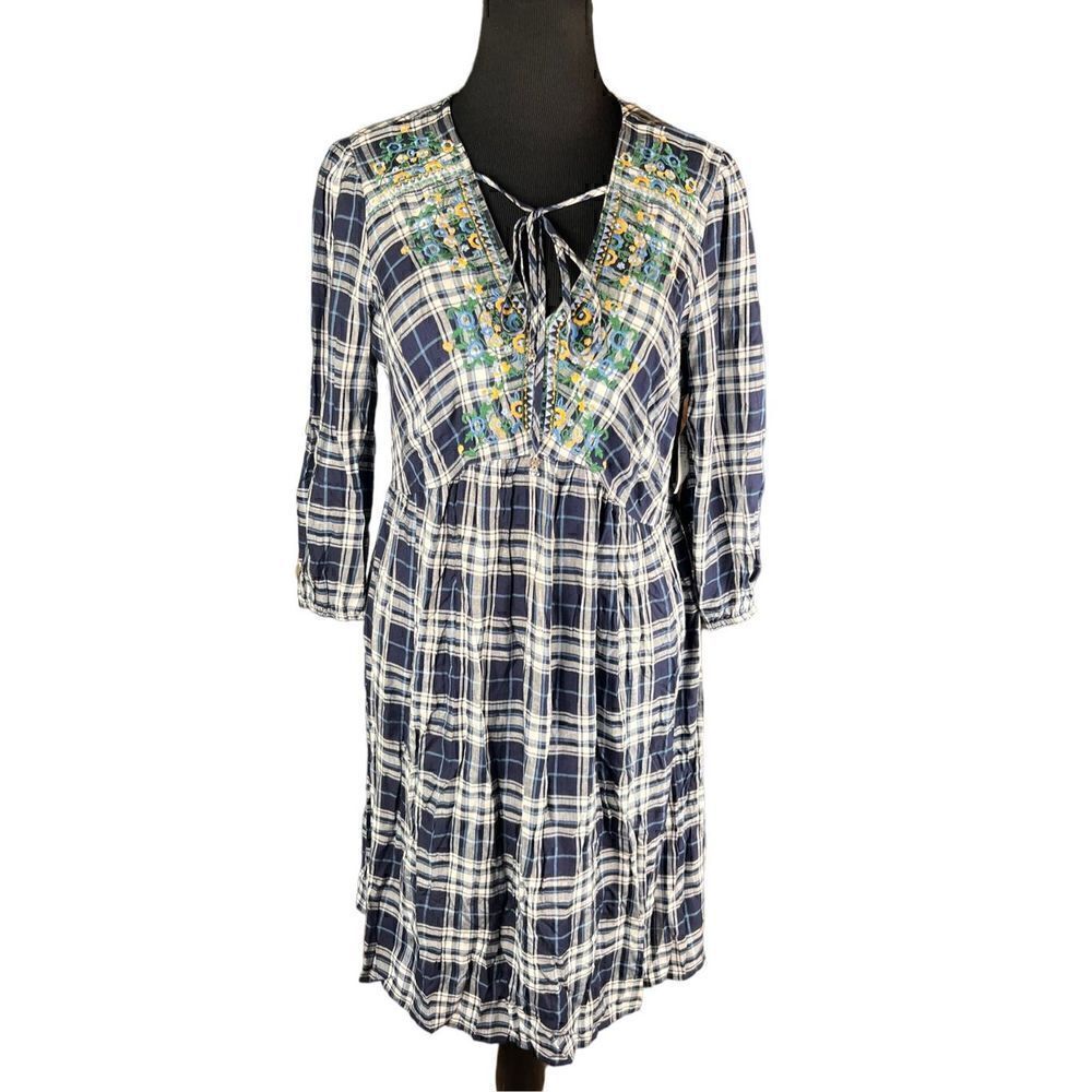 Westport 1962 Women Blue fall plaid embroidered Casual Dress L New with tags